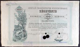Segesvár 1898. "Küküllői Takarékpénztár Részvénytársaság" részvénye 100K Előmutató; szárazpecséttel és "SELEJTEZVE" bélyegzőkkel T:II fo.