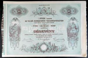 Kiskőrös 1930. "Az Első Dunavidéki Takarékpénztár" részvénye 50P-ről szárazpecséttel szelvényekkel T:hajtatlan