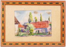 Olvashatatlan jelzéssel: Utca részlet. Akvarell, papír, üvegezett keretben, 14×19 cm