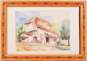 Olvashatatlan jelzéssel: Ház a dobon. Akvarell, papír, üvegezett keretben, 16×21 cm