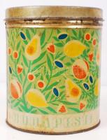 Retró nagy méretű kekszes doboz, benne fa és fém sütőformákkal, doboz m:19 cm, d:15 cm