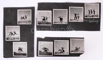 1930-1940 Szöllősy Kálmán (1887-1976): 10db vintage fotó Szentpál Olga mozgásművészeti csoportjának tagjairól, 3db kartonlapra ragasztva, 5x5cm