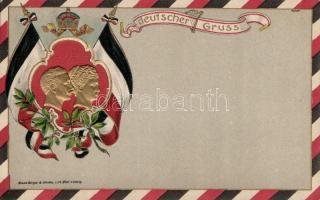 Wilhelm II and his wife, flag, crown, floral, Emb. litho (EK)