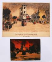 1917 Kerny István (1879-1963): Gyöngyös főterének égése. Vegyileg színezett vintage fotó, hátoldalán szerzői pecséttel jelzett; valamint egy, a fotó alapján készült színezett grafika, jelzett. 12x17cm, 19x26,5cm