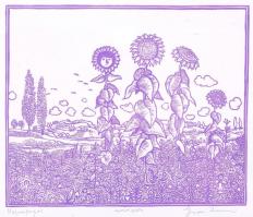 Gross Arnold (1929-): Napraforgók. Reprint, papír, jelzett, üvegezett keretben 19×23 cm