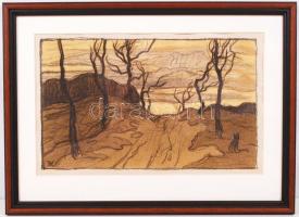 Kőrösfői Kriesch Aladár (1863-1920): Őszi táj. Litográfia, papír, jelzett a nyomaton, üvegezett keretben, 16×25 cm