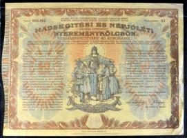 19db különféle magyar és külföldi részvény, közte Budapest 1914. A Magyar Korona Országai 6%-kal kamatozó Járadékkölcsön- államadóssági kötvénye 100K-ról, Budapest 1899. Magyar Jelzálog-Hitelbank községi kötelezõ 500Fr-ról, Budapest 1917. "Hadsegítési és népjóléti nyereménykölcsön" nyereménykötvény 40K-ról T:vegyes