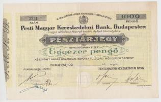 192X. A Pesti Magyar Kereskedelmi Bank pénztárjegye 1000P-ről kitöltetlen dátummal és szárazbélyegzővel! T:II