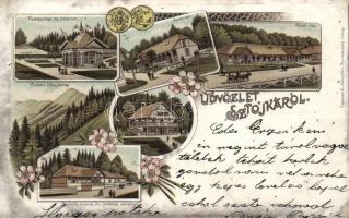 1899 Sztojkafalva fürdői csárda és izraelita vendéglő, forrásház és étterem, Anna lak, grófi lak, fürdőház / Jewish restaurant, villas, spa, litho