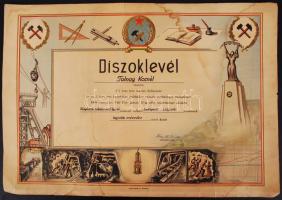1949 "A Bányászati Kutatási és Mélyfúró nemzeti vállalat budapesti központi üzemének legjobb mérnöke" illusztrált díszoklevél, 35x49,5cm