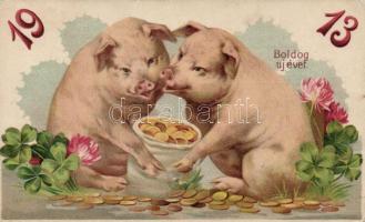 New Year pigs, money, litho (fa)