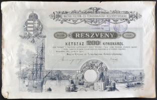 Budapest 1895. "Magyar Folyam- és Tengerhajózási Részvénytársaság" részvénye 200K-ról szelvényekkel és elővételi jog gyakorlásáról szóló pecséttel T:III