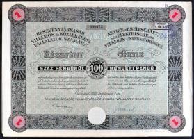 Budapest 1929. "Részvénytársaság Villamos és Közlekedési Vállalatok számára" részvénye 100P-ről szelvényekkel (2x) + 10 részvénye egyenként 100P-ről T:III