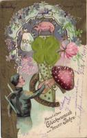 New Year, chimney sweeper, mushroom, pig, clover, Emb. litho, silk card (EK)