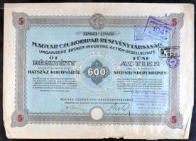 Budapest 1923-1941. "Magyar Czukoripar-Részvénytársaság" 5 részvénye egyenként 600P-ről + 100P-ről szelvényekkel (2x) T:III
