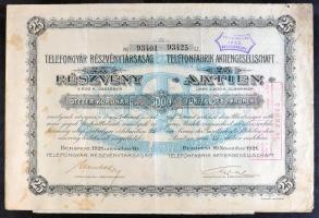 Budapest 1911-1921. "Telefongyár Részvénytársaság részvénye 200K-ról (3x) + 25 részvénye egyenként 5000K-ról szelvényekkel, bélyegzésekkel T:III