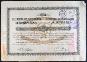 Budapest 1911-1921. "Telefongyár Részvénytársaság részvénye 200K-ról (3x) + 25 részvénye egyenk...