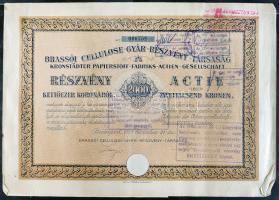 Budapest 1923-1935. "Brassói Cellulose-Gyár-Részvény-Társaság" részvénye 30P-ről + 2000K-ról szelvényekkel, német és magyar nyelven bélyegzésekkel T:III