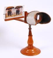 cca 1900 B. W. Kilburn & Co. fa, kézi sztereokép-nézegető, hozzá készített álvánnyal és egy képpel /  B. W. Kilburn & Co. vintage stereoscopic viewer with a picture, 30x27cm