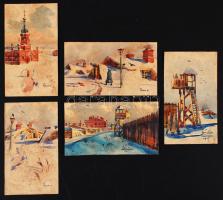 1917 Rökk Károly (1891-1970): Krasznojarsk és a hadifogolytábor. Sorozat: 5 db akvarell 7x12 cm