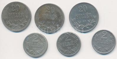 1916-1918KB 2f Cu (3x) teljes sor + 1916-1920KB 20f (3x) T:2-3