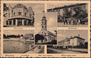 Bácsalmás, Főtér, Járásbíróság, strandfürdő, Római katolikus templom, Állami polgári iskola (EK)