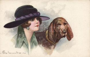 Italian art postcard, lady and dog s: Colombo