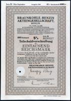 Németország / Berlin 1940. Barnaszén-Benzin Részvénytársaság 4db részvénye A,B,G,K sorozat T:II Germany / Berlin 1940. "Braunkohle-Benzin Aktiengesellschaft" 4pcs of shares with different serials C:XF