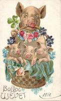 New Year, pigs, litho (fa)