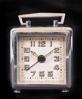 cca 1940 Art deco mechanikus ébresztőóra kétfunkciójú, kétirányú felhúzókarral (óra és vekker) /  Art deco mechanical alarm clock with double function winding handle (for watch and alarm), 5,5x6cm