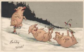 New Year, pigs, humour, litho (EK)