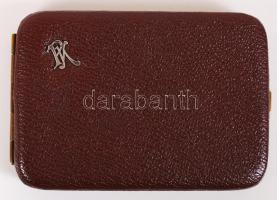 cca 1940 Bőr és réz vizitkártyatartó ezüst (Ag) monogrammal /  Vintage leather and brass business card holder with silver monogram, 8x12cm