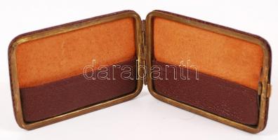 cca 1940 Bőr és réz vizitkártyatartó ezüst (Ag) monogrammal / 
Vintage leather and brass business ca...