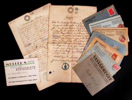 1940 Müller bútorgyár kihajtható reklámlap + cca 1930 7 db újságfejléces kiadói levélboríték + 1852 2 db okmány 15kr szignettával