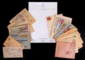 1896-1897 2 db céges levelezőlap + cca 1910 10 db céges, reklámos levélboríték,  közte két ajánlott + cca 1920 7 db Hangya reklámos levélboríték