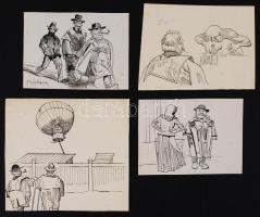 Mühlbeck Károly (1869-1943): Illusztrációk 4db Gárdonyi Géza: Göre Gábor bíró úr sorozatából, tus, papír, jelzett 1db, (4)× 10×8 cm