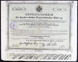 Ausztria/Bécs 1858. "K.K. Österrechische Credit-Anstalt für Handel und Gewerbe" részvénye 100G értékben T:III Austria/Wien 1858. "K.K. Österrechische Credit-Anstalt für Handel und Gewerbe" share with the value of 100 Gulden value C:F