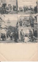 Hongkong, Queens Road, Clock Tower, Chinese Monks, Coolies, women, fruiten Sellersin the Stroet