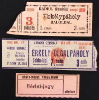 1930-1950 2db mozijegy (Bánya-Mozgó Nagymányok, Radius) és egy színházjegy (Városi Színház)
