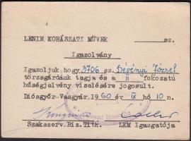 1960 Lenin Kohászati Művek igazolvány