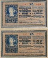 1918. 25K "hullámos" 2 klf sorozatszámtípusú és vágásméretű db T:II,III-
