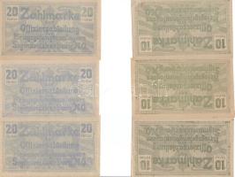 Ausztria/Sigmundsherberg/ hadifogolytábor I. világháború 10H (3x), 20H (3x) klf színvariációkban hátoldali fordított nyomattal T:I,I-