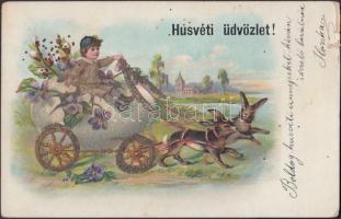 Easter rabbit cart, decorated postcard, litho (b)