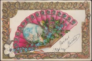 Floral, glittering litho greeting card (small tear)