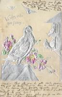'Va vers celle que j'aime' / Silver Emb. litho greeting card, birds