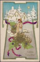 Christmas, Emb. litho with real floral decoration