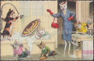1958 Cat children and mother, bathing, modern postcard (EK)