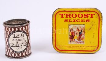 Régi fém tubákos és kávés dobozka, m:6 cm, 8×8 cm