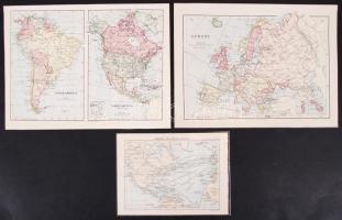 1897 3 db térkép atlaszból egyiken a távírokábelekkel, hátoldalt adatok 16x12 cm, 25x19 cm