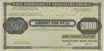 Lengyelország DN 2000Zl urazási csekk MNB felülbélyegzéssel T:II Poland ND 2000 Zlotych travellers check stamped by the Hungarian National Bank C:XF